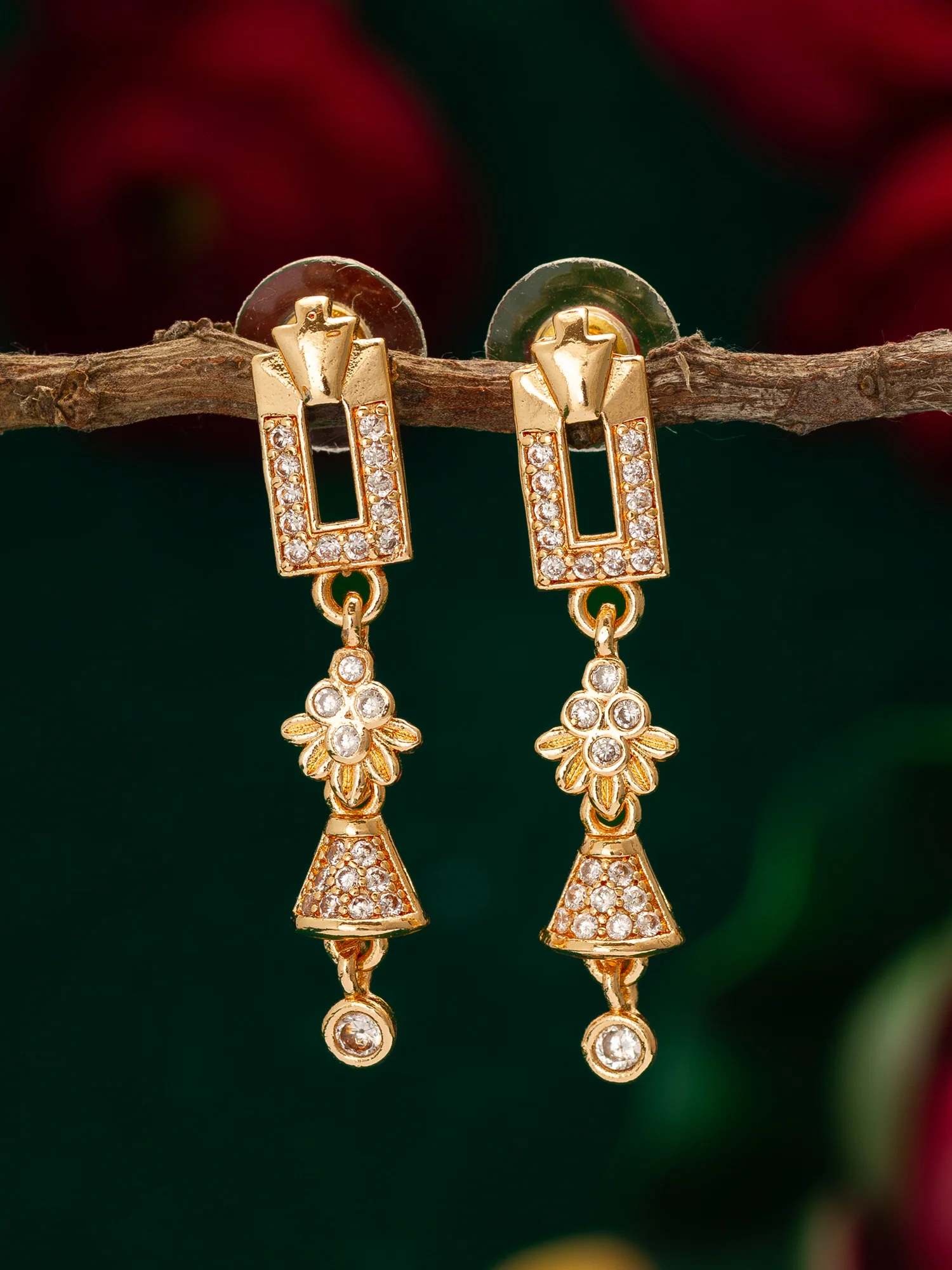 Geometric Floral American Diamond Dangle Earrings - Image 4