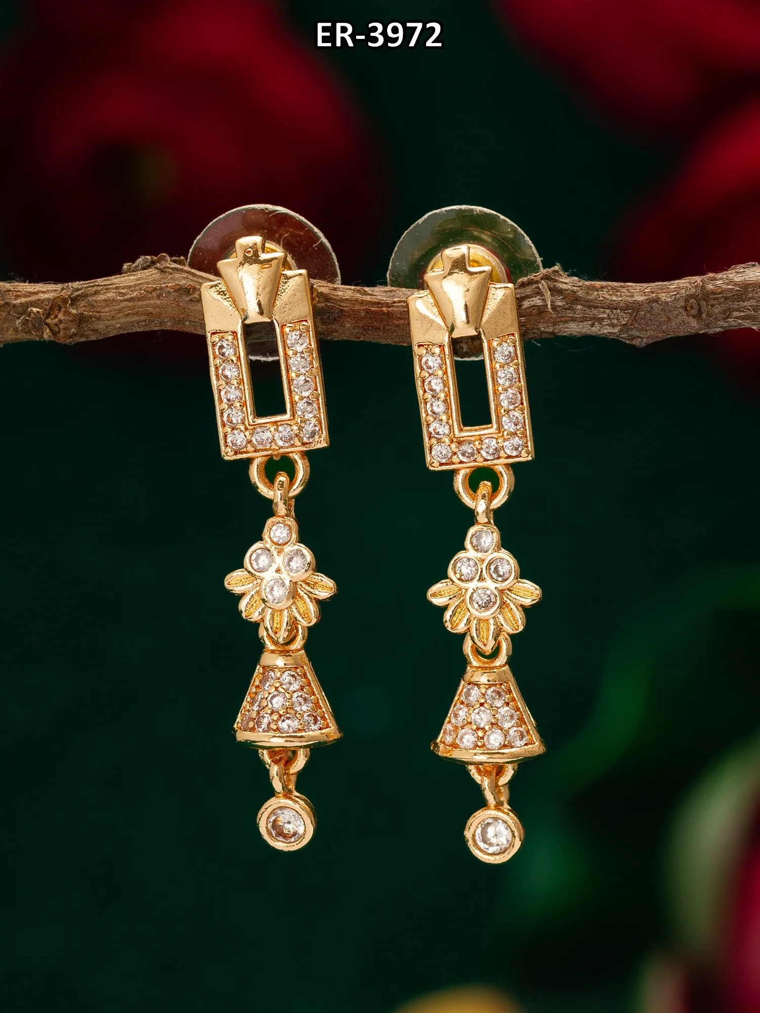 Geometric Floral American Diamond Dangle Earrings - Image 5