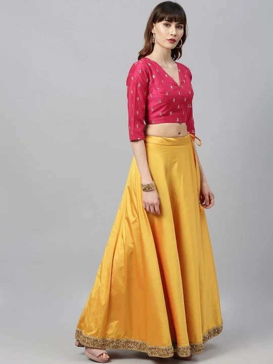 Bollywood Vogue Ready To Wear Yellow N Pink Embroidered Lehenga Set - Image 2