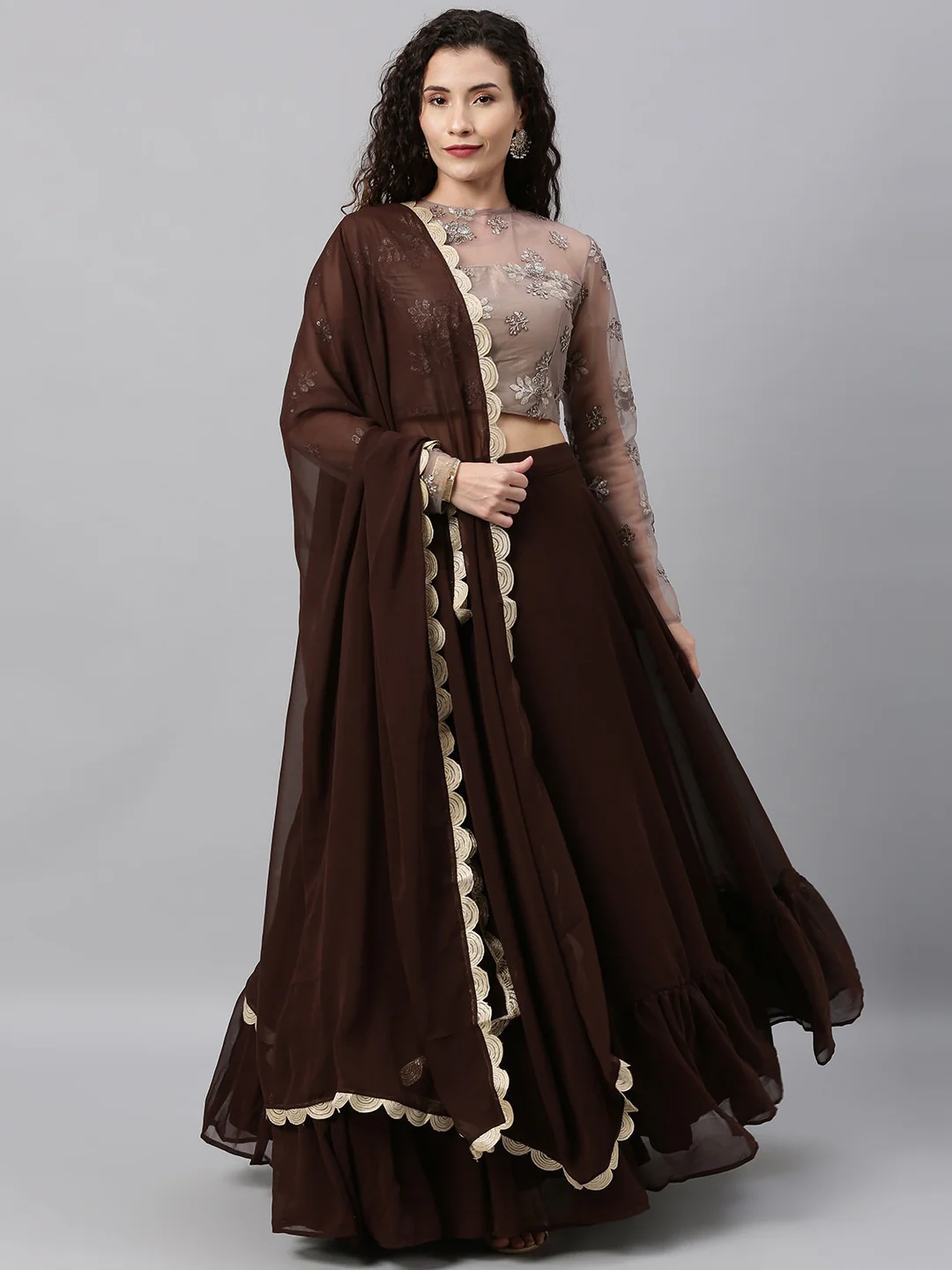 Bollywood Vogue Ready To Wear Grey Embroidered Net N Brown Lehenga Set