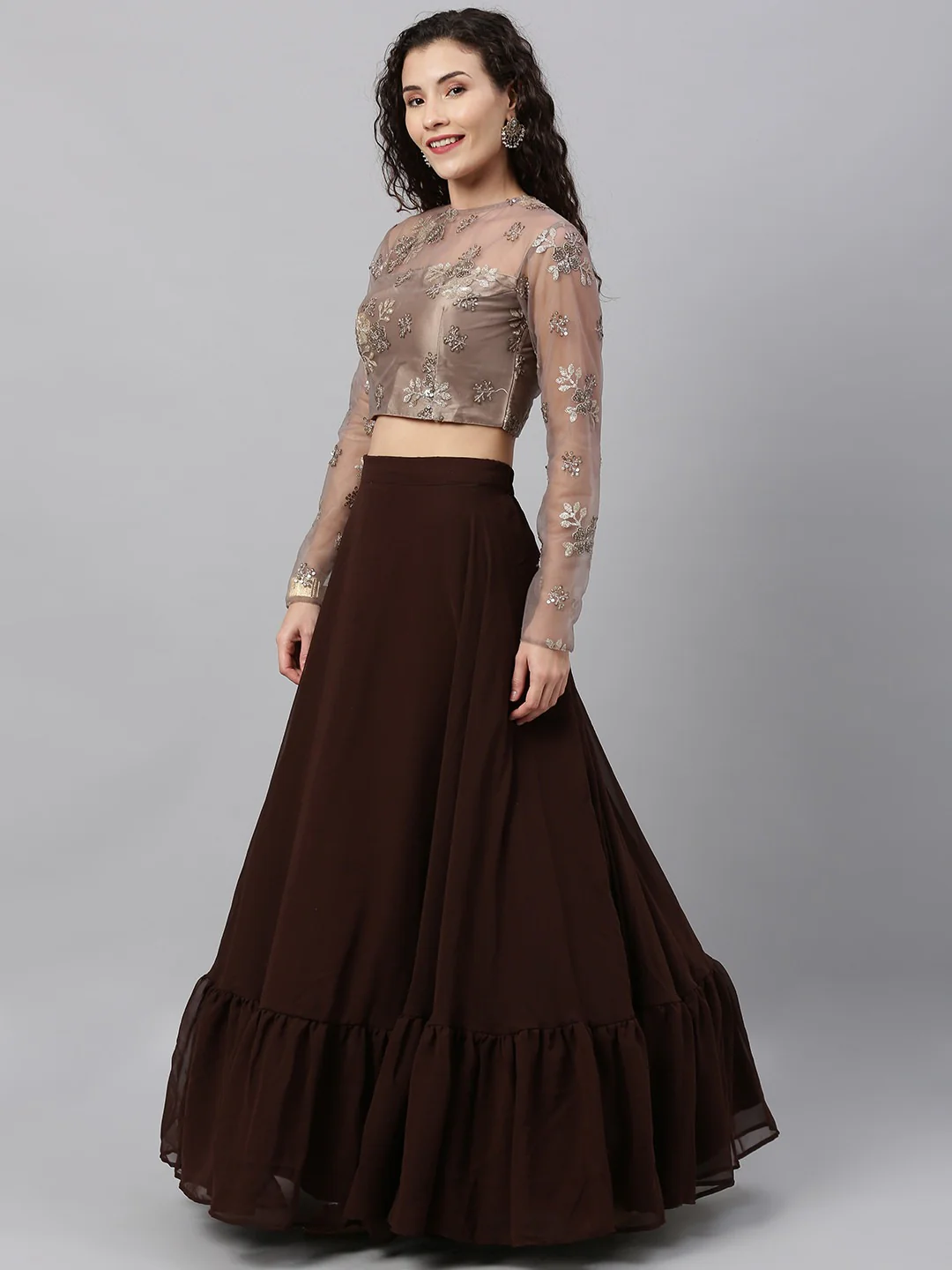 Bollywood Vogue Ready To Wear Grey Embroidered Net N Brown Lehenga Set - Image 2