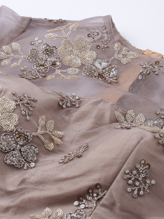 Bollywood Vogue Ready To Wear Grey Embroidered Net N Brown Lehenga Set - Image 5