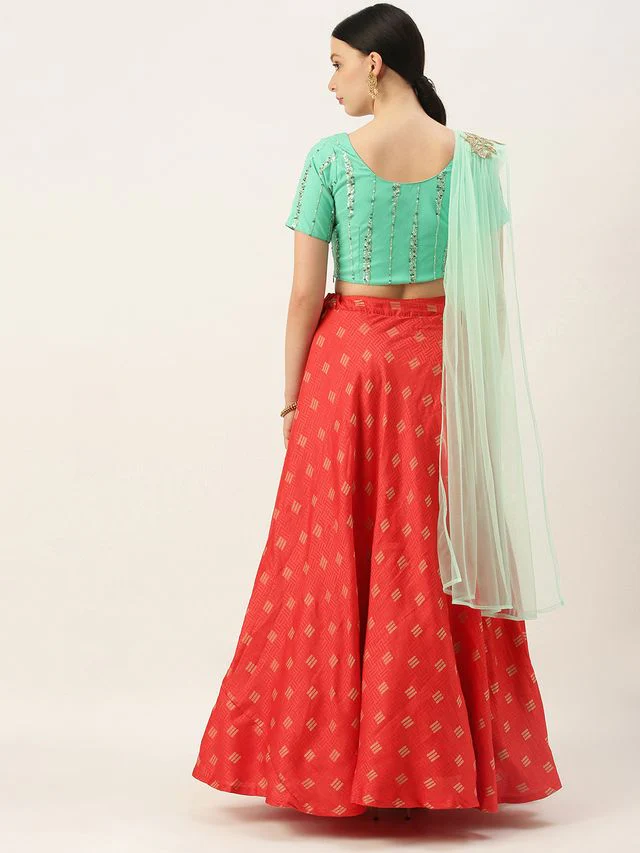 Bollywood Vogue Ready To Wear Red N Green Embroidered Floor Length Lehenga Set - Image 7