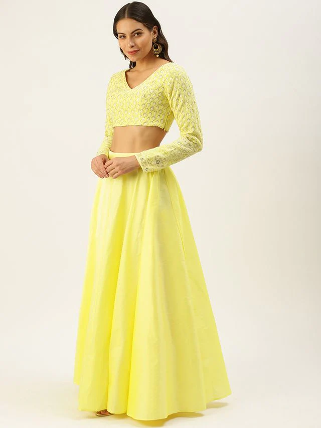 Bollywood Vogue Ready To Wear Lemon Yellow Embroidered Low V Neck Lehenga Set - Image 2