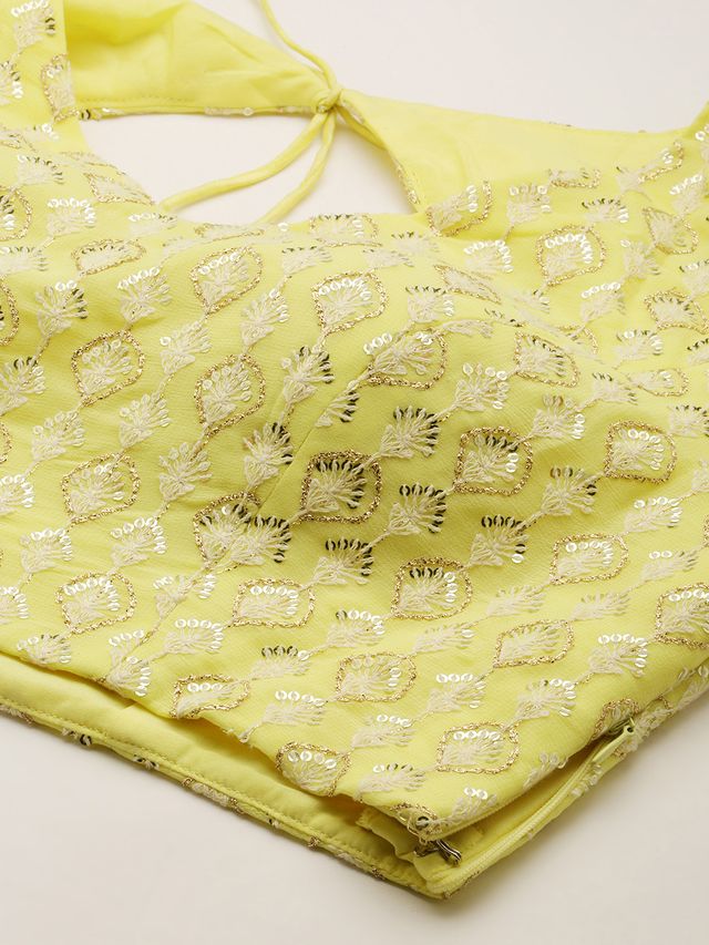 Bollywood Vogue Ready To Wear Lemon Yellow Embroidered Low V Neck Lehenga Set - Image 5