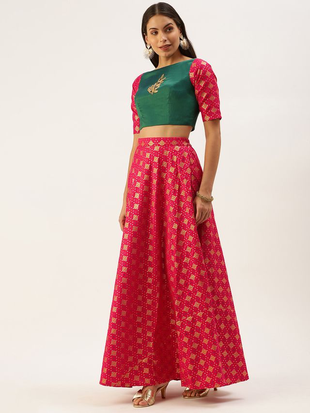 Bollywood Vogue Ready To Wear Red Jacquard N Green Zero Shoulder Lehenga Set - Image 2