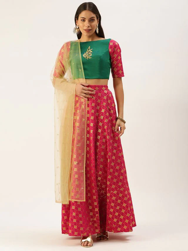 Bollywood Vogue Ready To Wear Red Jacquard N Green Zero Shoulder Lehenga Set - Image 3
