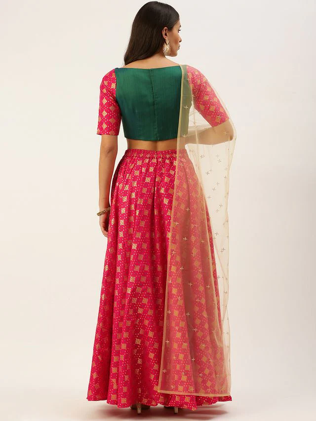 Bollywood Vogue Ready To Wear Red Jacquard N Green Zero Shoulder Lehenga Set - Image 7
