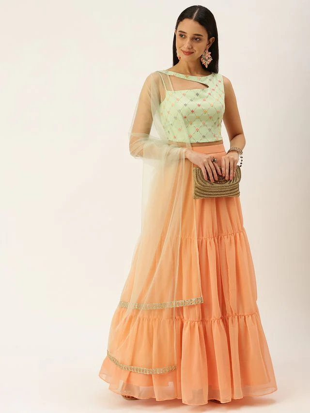 Bollywood Vogue Ready To Wear Green Embroidered N Peach Lehenga