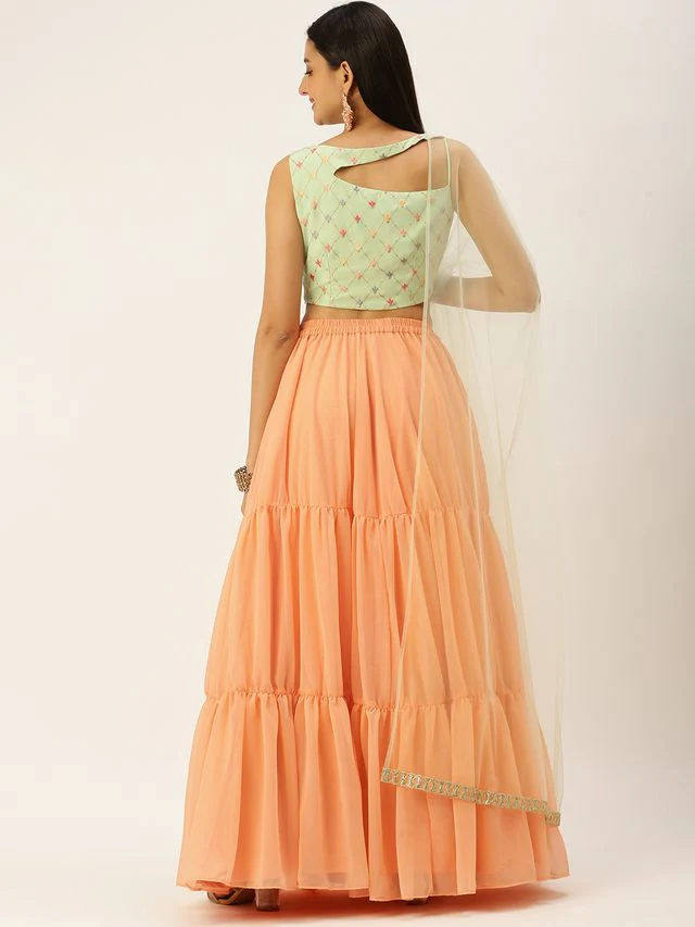 Bollywood Vogue Ready To Wear Green Embroidered N Peach Lehenga - Image 6