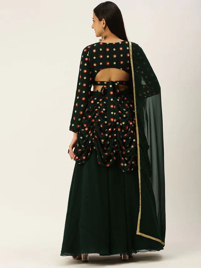 Bollywood Vogue Ready To Wear Green Embroidered Georgette Lehenga Set - Image 6