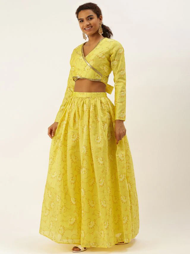 Bollywood Vogue Ready To Wear Yellow Foil Printed Art Silk Gathered Lehenga - Image 2