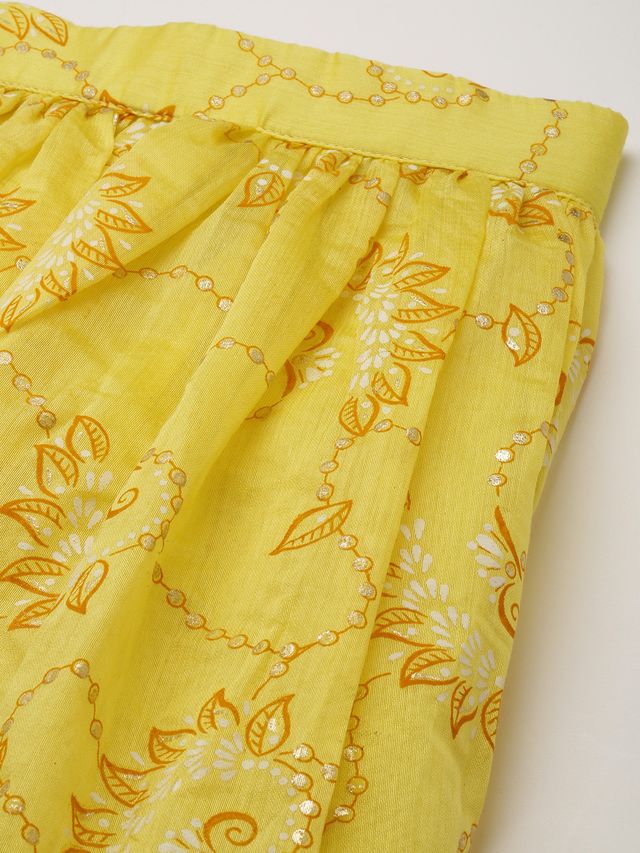 Bollywood Vogue Ready To Wear Yellow Foil Printed Art Silk Gathered Lehenga - Image 4