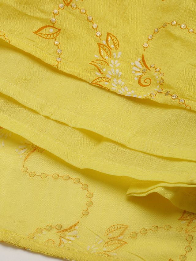 Bollywood Vogue Ready To Wear Yellow Foil Printed Art Silk Gathered Lehenga - Image 5