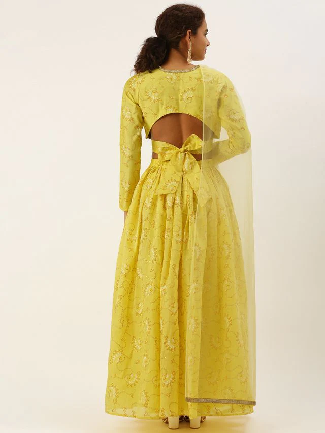 Bollywood Vogue Ready To Wear Yellow Foil Printed Art Silk Gathered Lehenga - Image 7