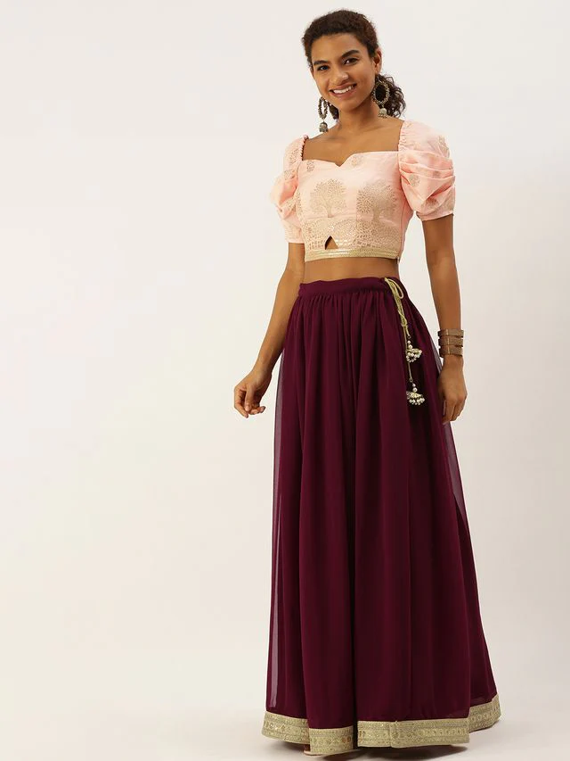 Bollywood Vogue Ready To Wear Pink Jacquard N Burgundy Georgette Lehenga - Image 2