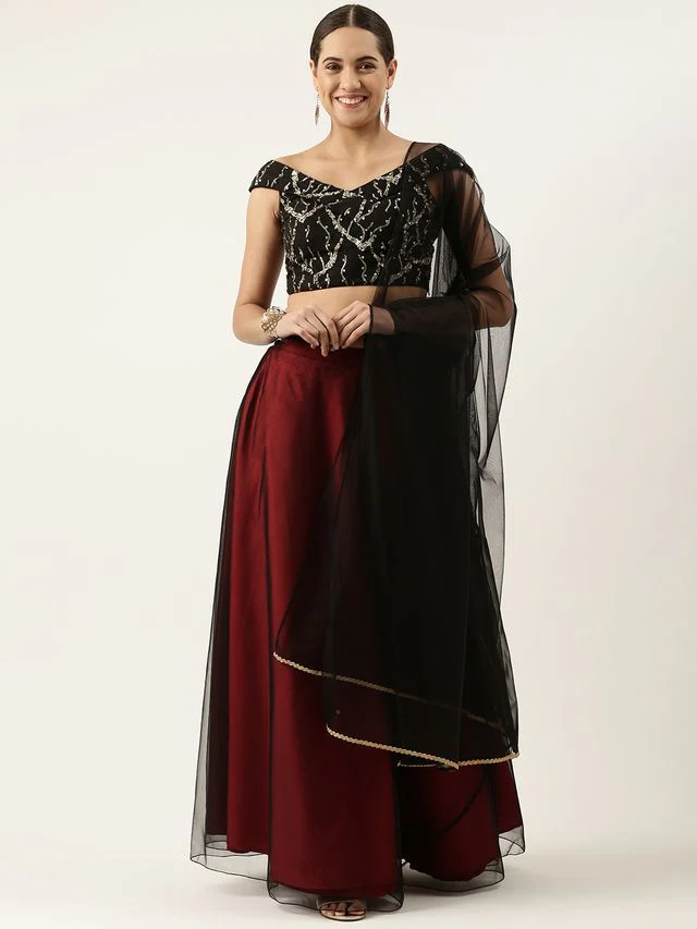 Bollywood Vogue Ready To Wear Black Net Sequins Embroidery Lehenga