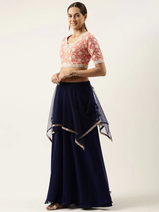 Bollywood Vogue Ready To Wear Navy Blue N Peach Embroidered Lehenga Set - Image 2