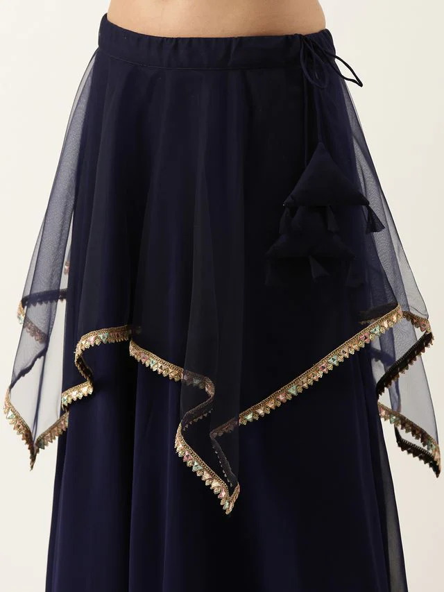 Bollywood Vogue Ready To Wear Navy Blue N Peach Embroidered Lehenga Set - Image 5