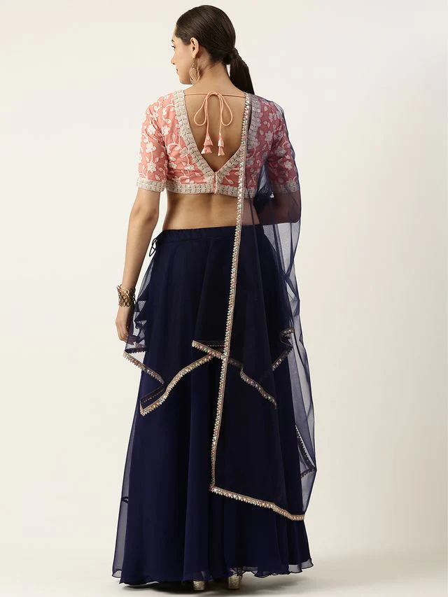 Bollywood Vogue Ready To Wear Navy Blue N Peach Embroidered Lehenga Set - Image 7