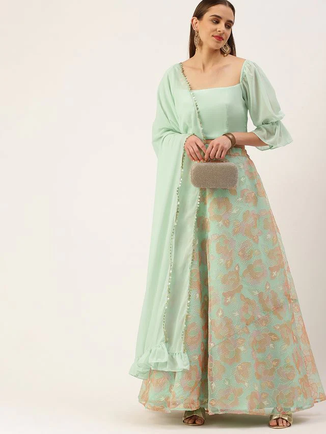 Bollywood Vogue Ready To Wear Multicolored Organza Sequins Lehenga Set - Image 3