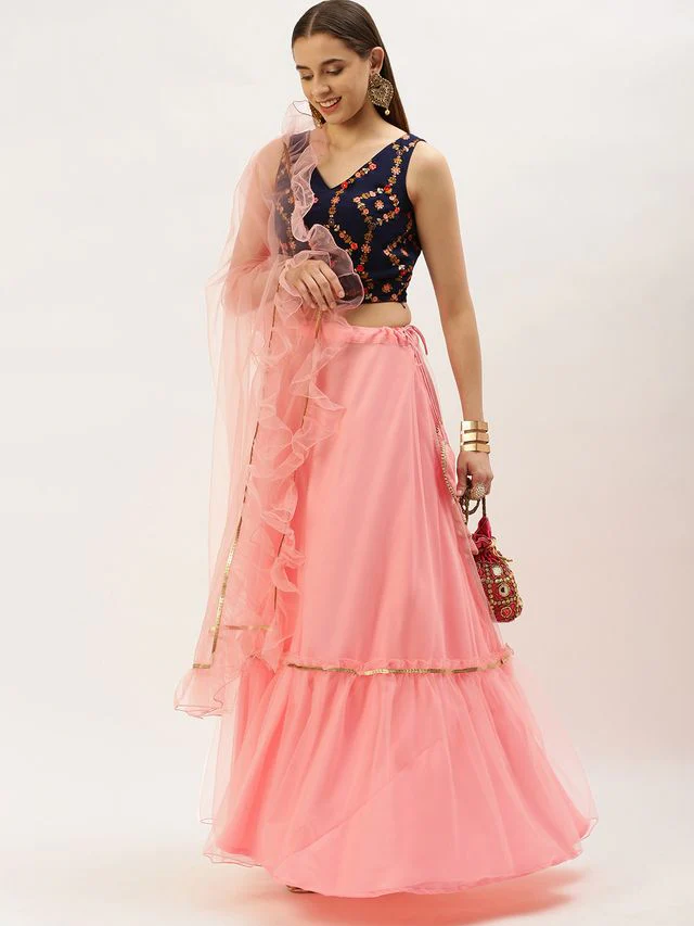 Bollywood Vogue Ready To Wear Royal Blue and Pink Embroidered Lehenga Set - Image 3