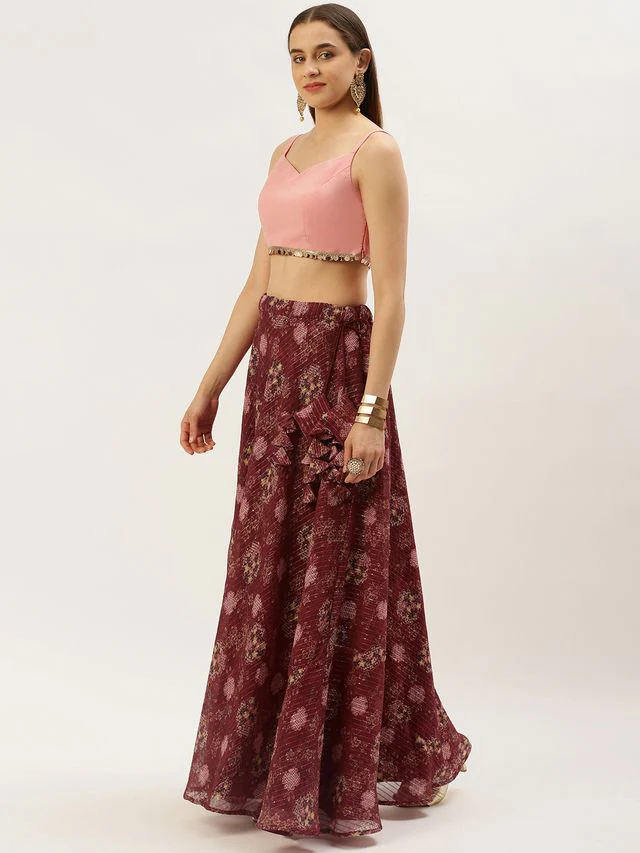 Bollywood Vogue Ready To Wear Wine Georgette Printed Cape Lehenga Set - Image 3
