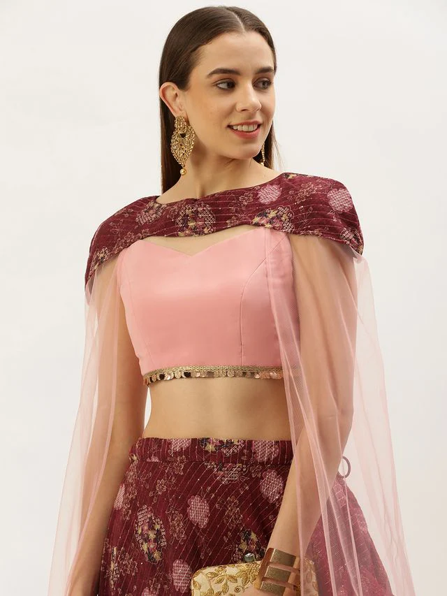 Bollywood Vogue Ready To Wear Wine Georgette Printed Cape Lehenga Set - Image 4
