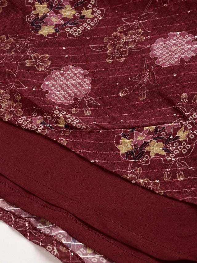 Bollywood Vogue Ready To Wear Wine Georgette Printed Cape Lehenga Set - Image 5