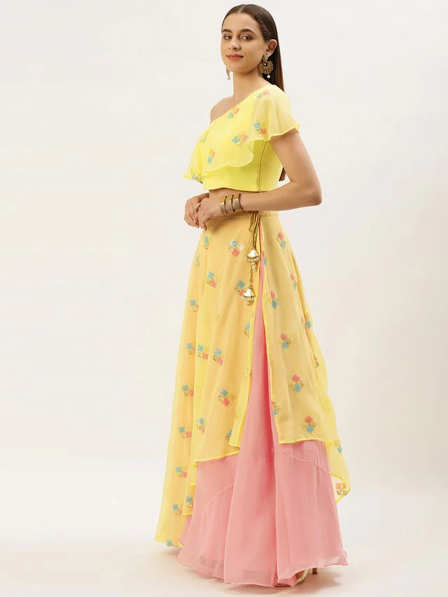 Bollywood Vogue Ready To Wear Yellow Georgette Embroidered Lehenga set - Image 3
