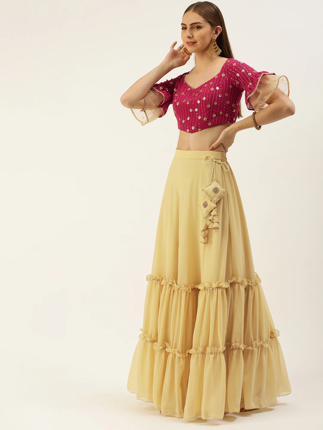Bollywood Vogue Ready To Wear Dark Pink Sequins Embroidered N Beige Georgette Lehenga - Image 2