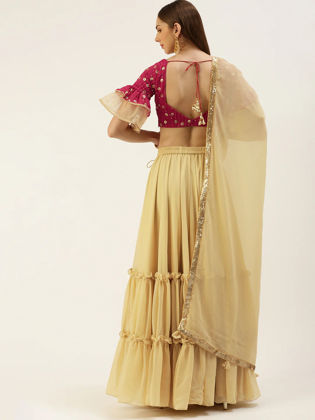 Bollywood Vogue Ready To Wear Dark Pink Sequins Embroidered N Beige Georgette Lehenga - Image 7