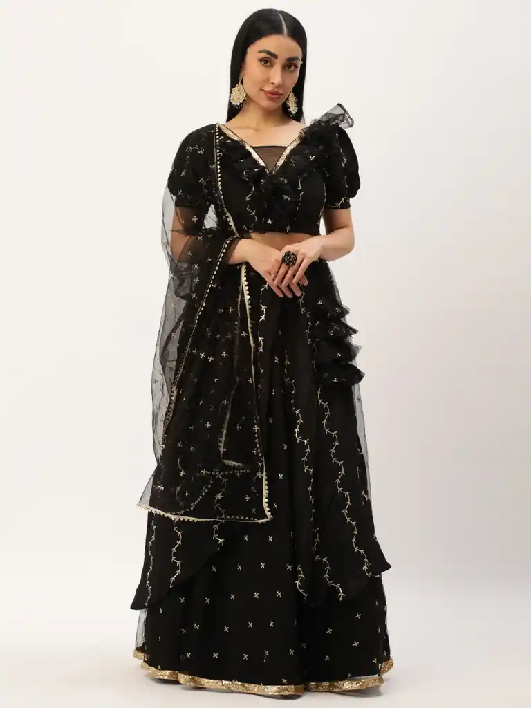 Bollywood Vogue Ready To Wear Black Viscose Embroidered Lehenga Set