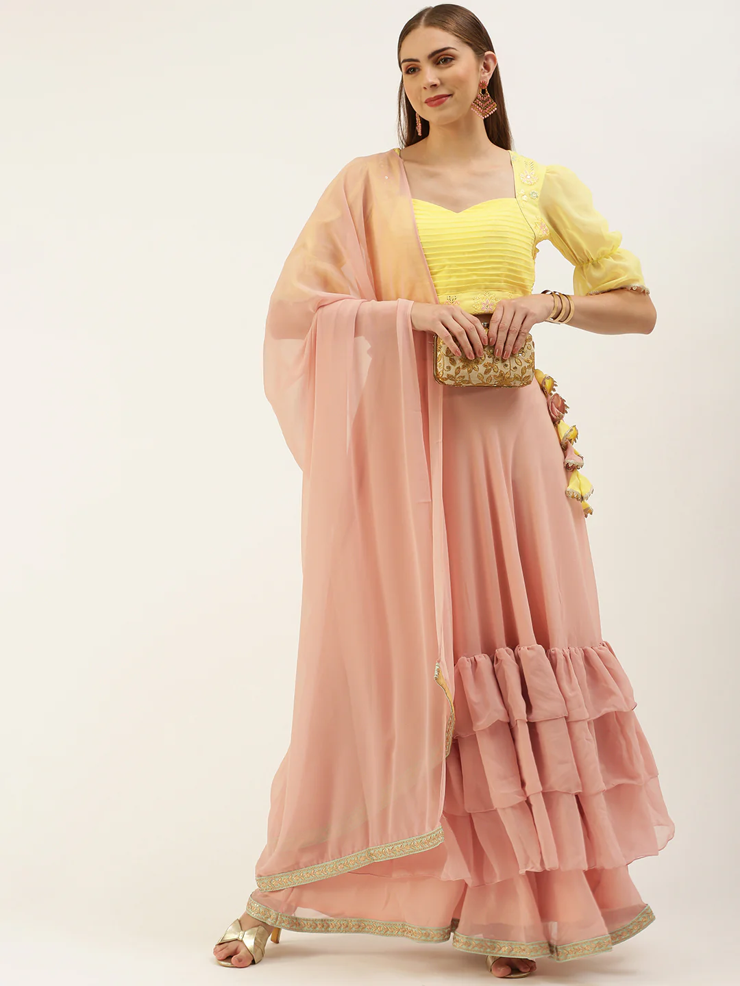 Bollywood Vogue Ready To Wear Yellow N Pink Embroidered Layered Lehenga Set - Image 2