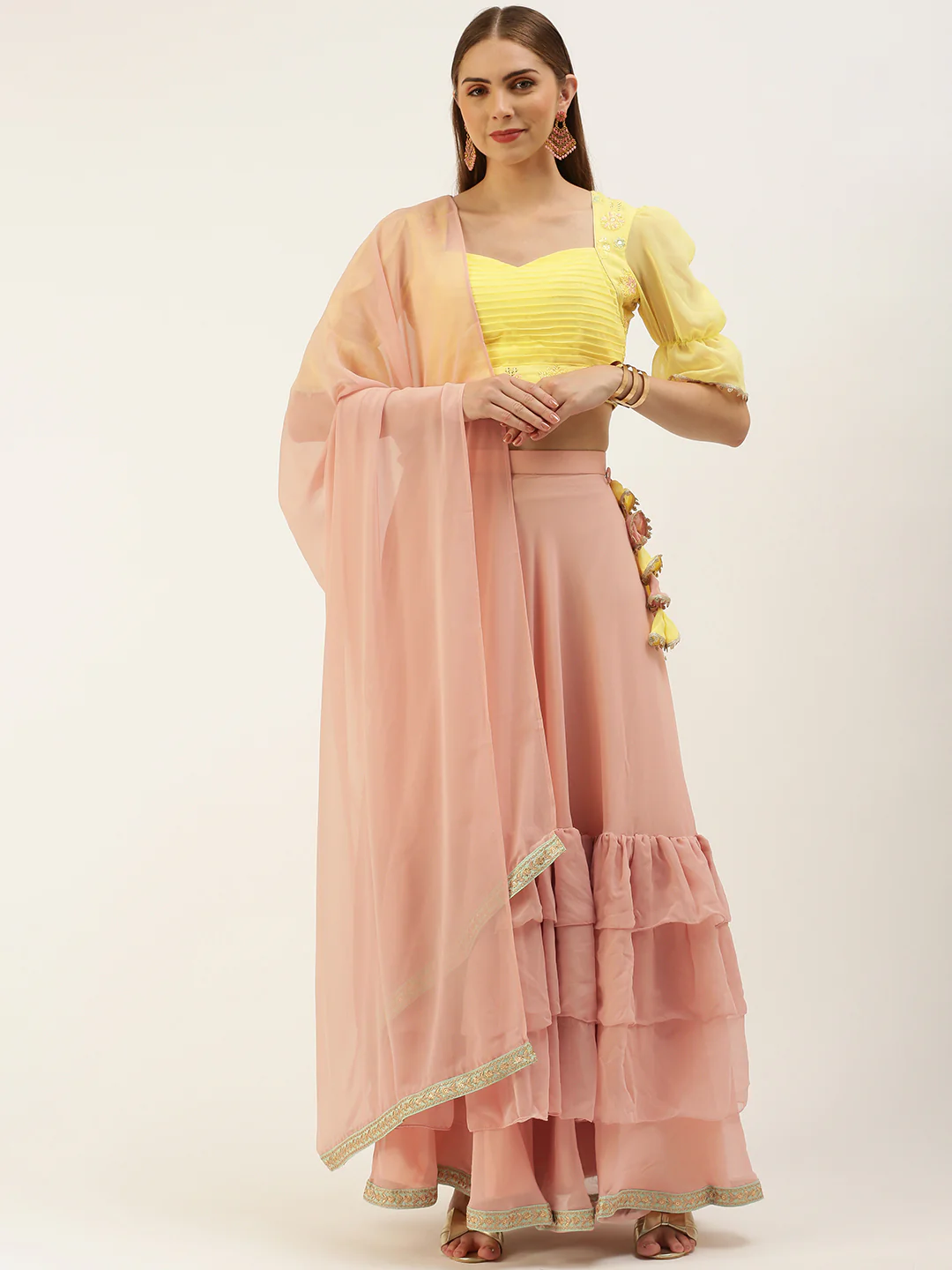 Bollywood Vogue Ready To Wear Yellow N Pink Embroidered Layered Lehenga Set - Image 6