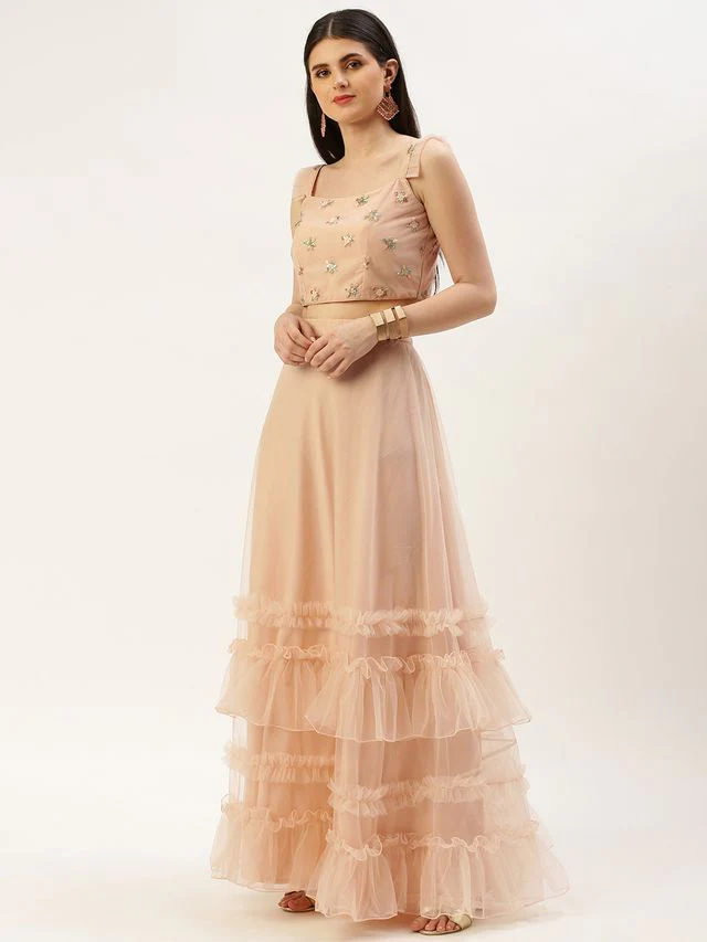 Bollywood Vogue Ready To Wear Light Peach Net Sequins Embroidered Lehenga