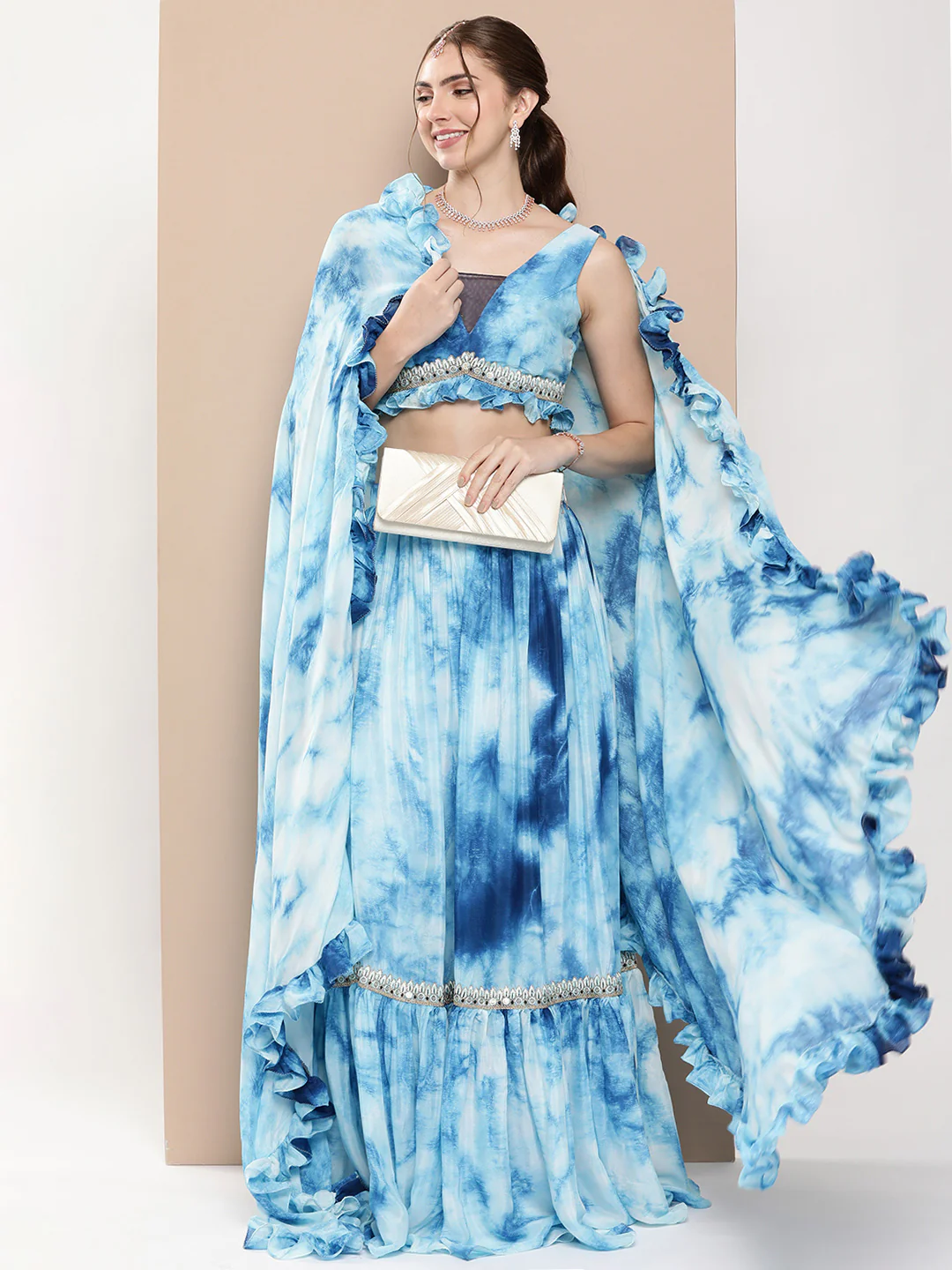 Bollywood Vogue Ready To Wear Multicolored Tie Dye Chinon Lehenga Set