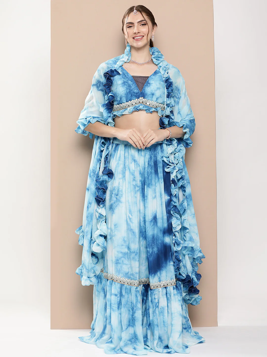 Bollywood Vogue Ready To Wear Multicolored Tie Dye Chinon Lehenga Set - Image 2