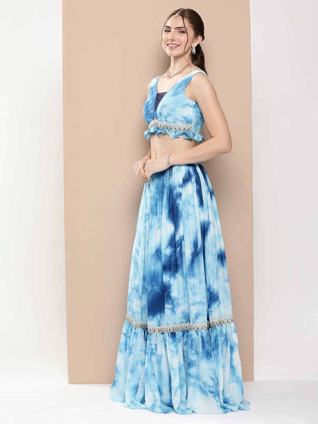 Bollywood Vogue Ready To Wear Multicolored Tie Dye Chinon Lehenga Set - Image 3