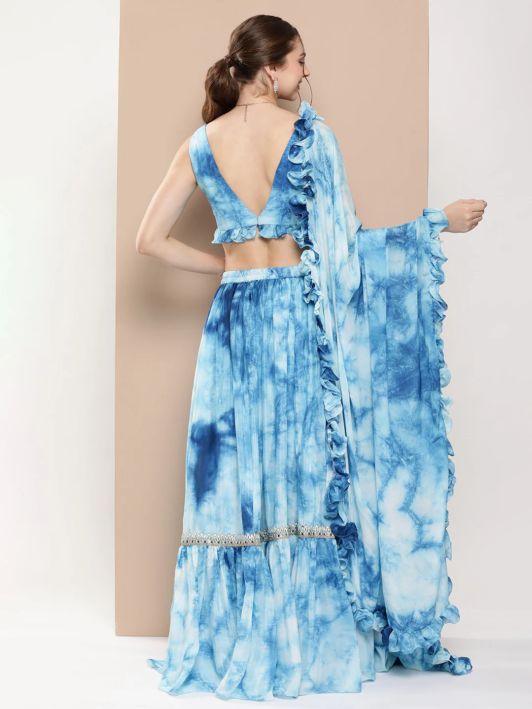 Bollywood Vogue Ready To Wear Multicolored Tie Dye Chinon Lehenga Set - Image 6