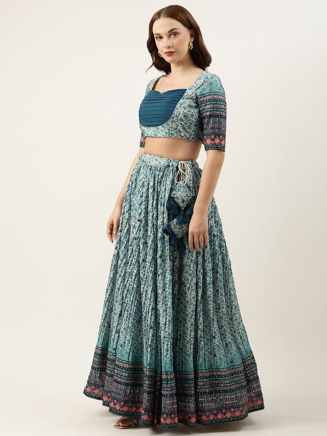 Bollywood Vogue Ready To Wear Cream N Blue Chinon Embroidered Lehenga - Image 2