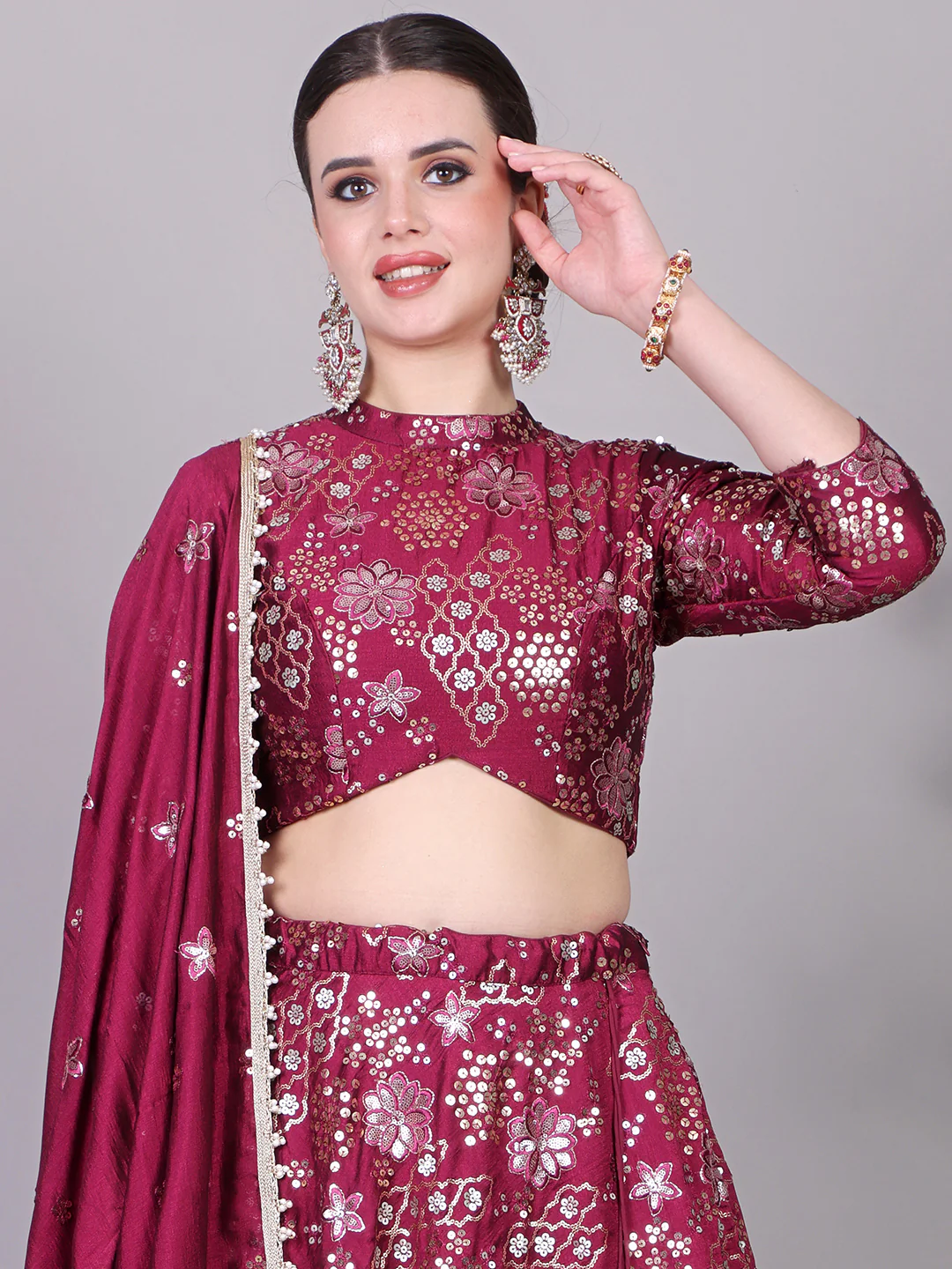 Bollywood Vogue Ready To Wear Classic Blouse With Wine Embroidered Lehenga Set - Image 3