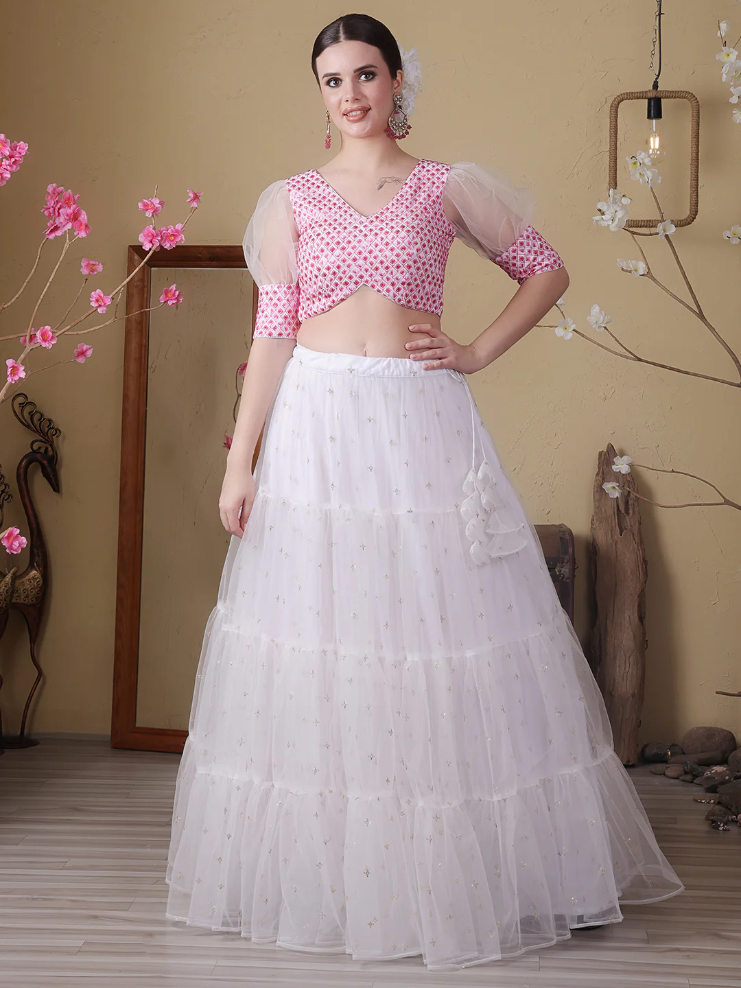 Bollywood Vogue Ready To Wear Off White Embroidered Georgette N Net Lehenga Set - Image 2