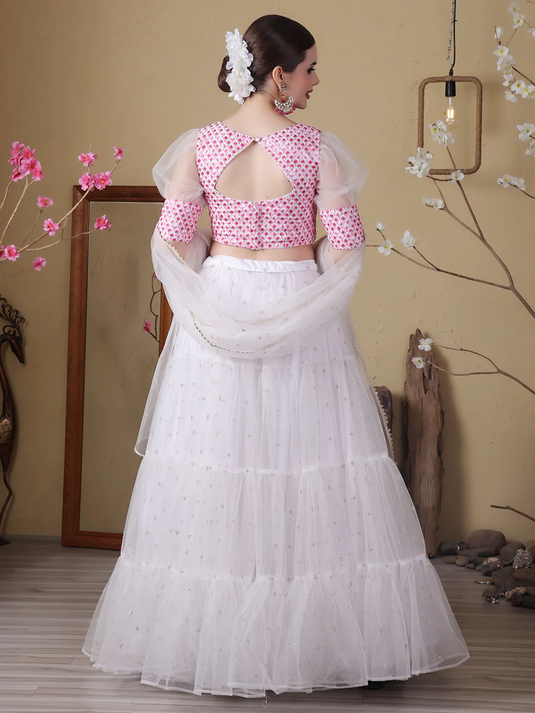 Bollywood Vogue Ready To Wear Off White Embroidered Georgette N Net Lehenga Set - Image 6