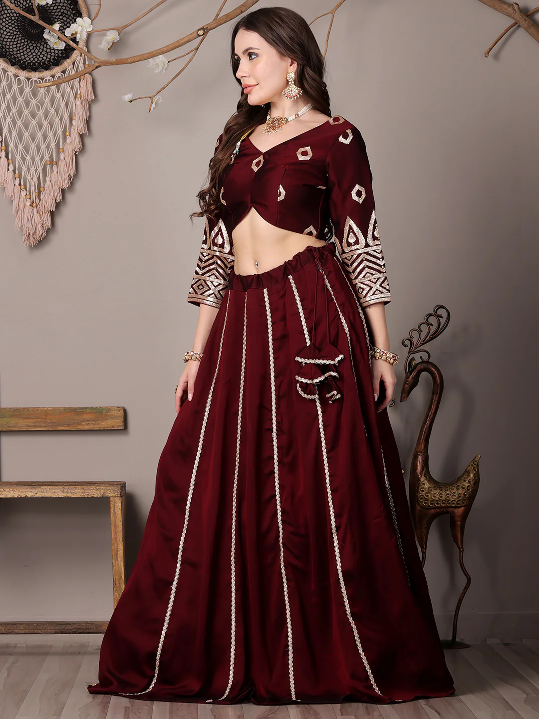 Bollywood Vogue Ready To Wear Wine Silk Embroidered Kali Style Lehenga - Image 2