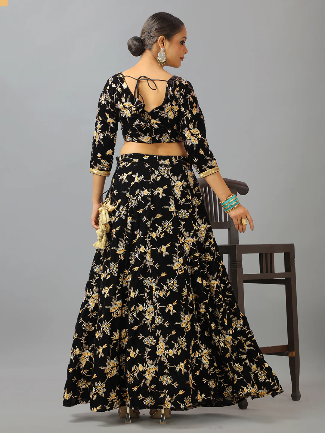 Bollywood Vogue Ready To Wear Black Velvet Embroidered Lehenga Set - Image 5