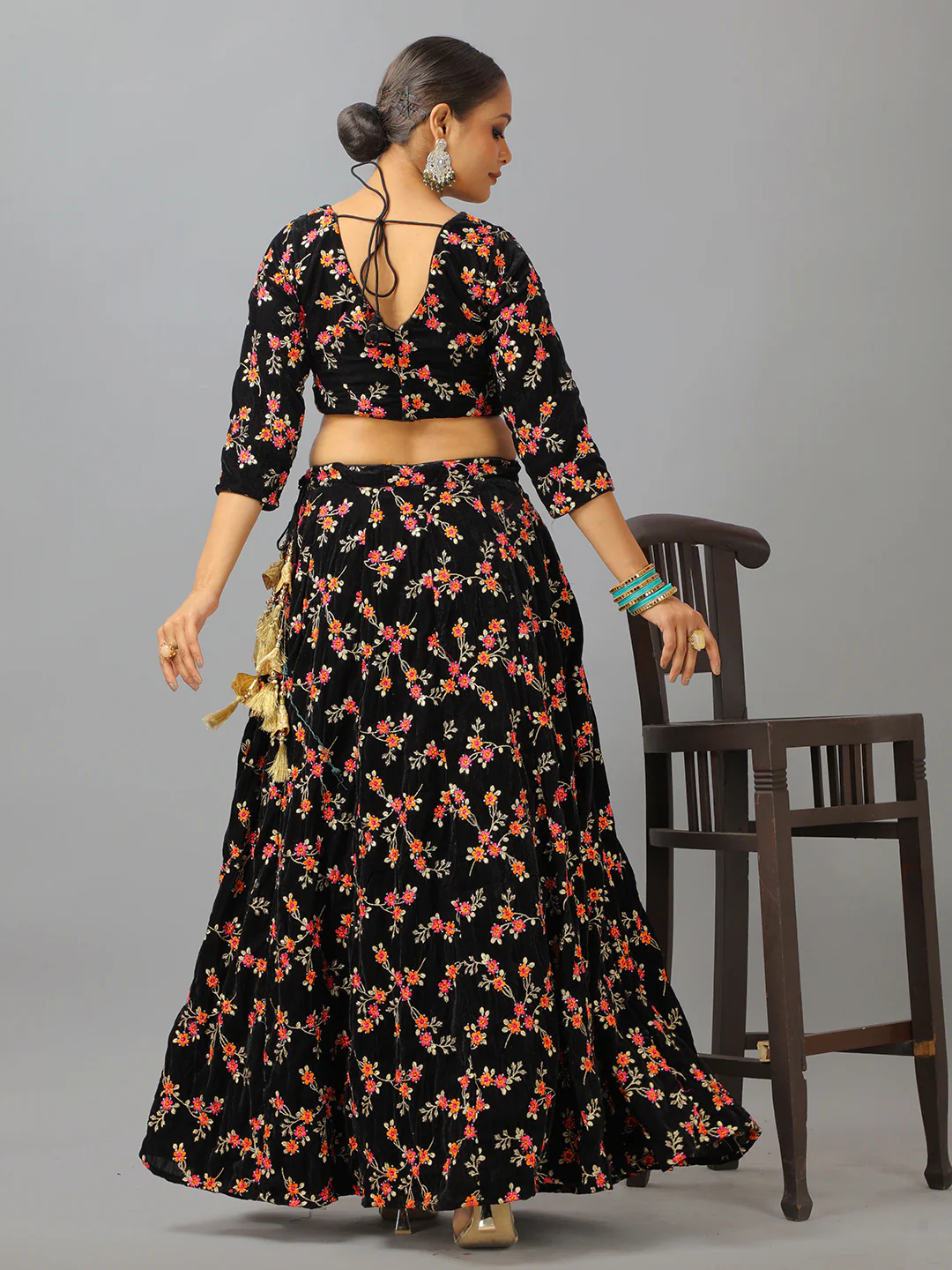 Bollywood Vogue Ready To Wear Black Velvet Embroidered Lehenga Set - Image 5