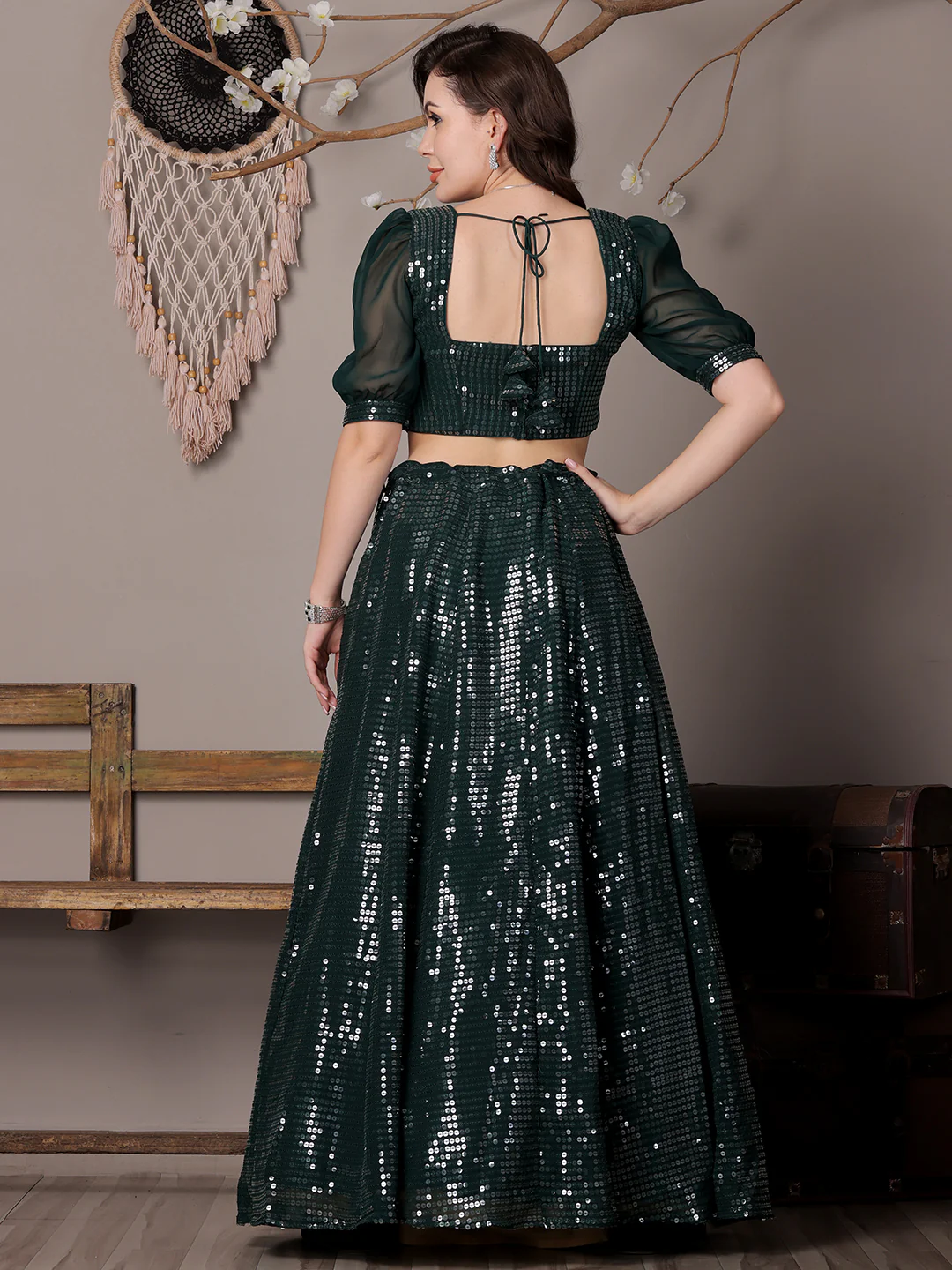Bollywood Vogue Ready To Wear Green Georgette Embroidered Lehenga - Image 5