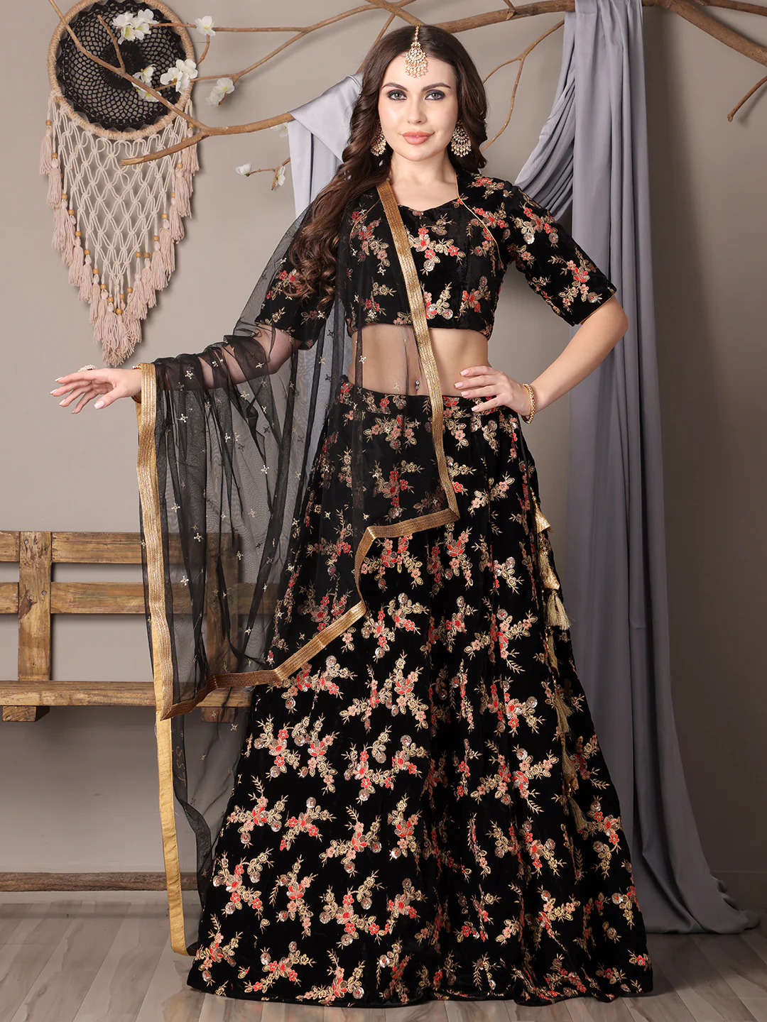 Bollywood Vogue Ready To Wear Black Embroidered Velvet Lehenga