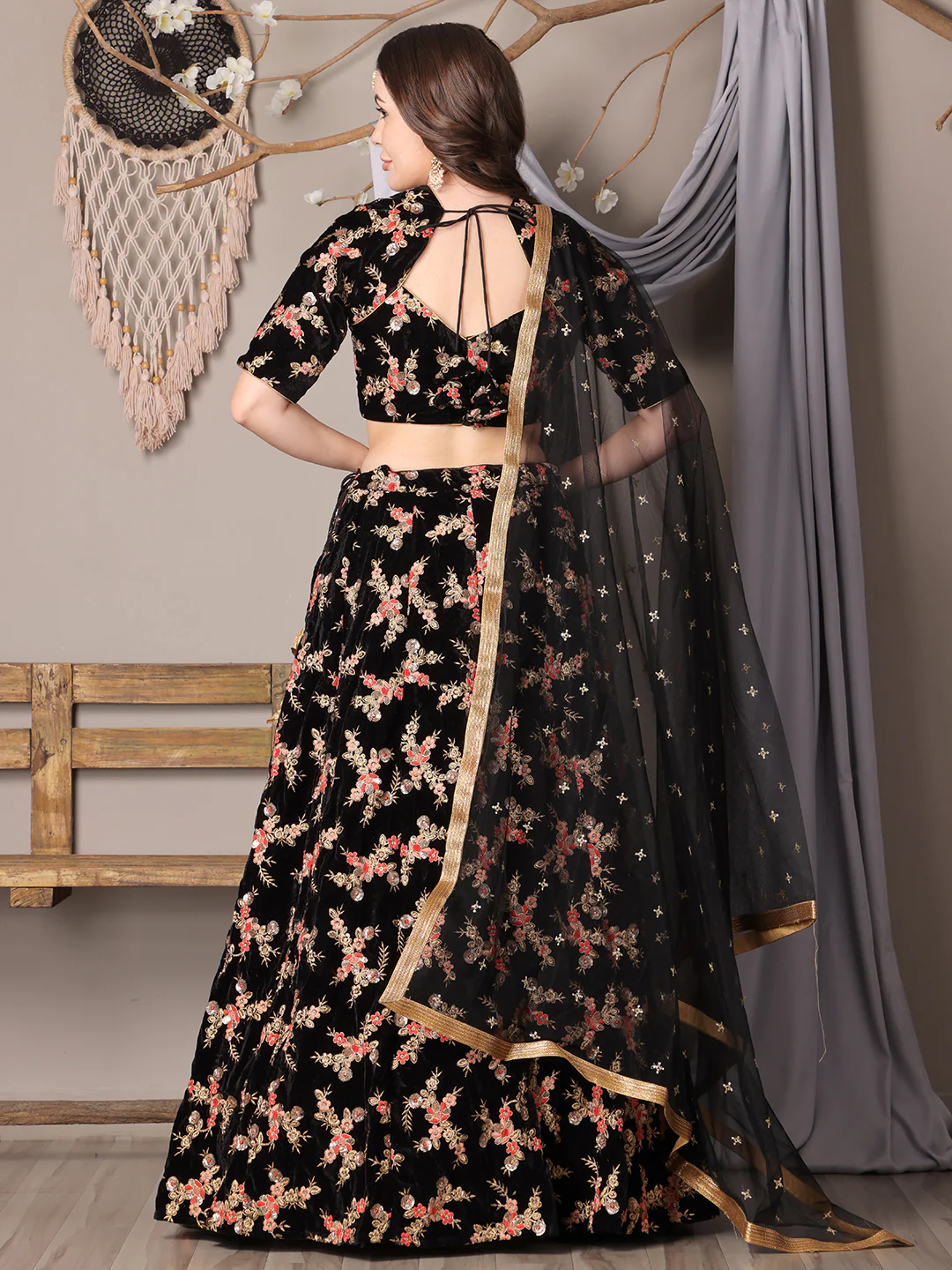Bollywood Vogue Ready To Wear Black Embroidered Velvet Lehenga - Image 4